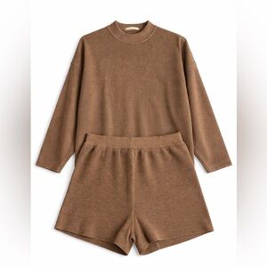 Zenana Brown Knit Lounge Set Sweater Shorts Size Large Cozy Matching Set